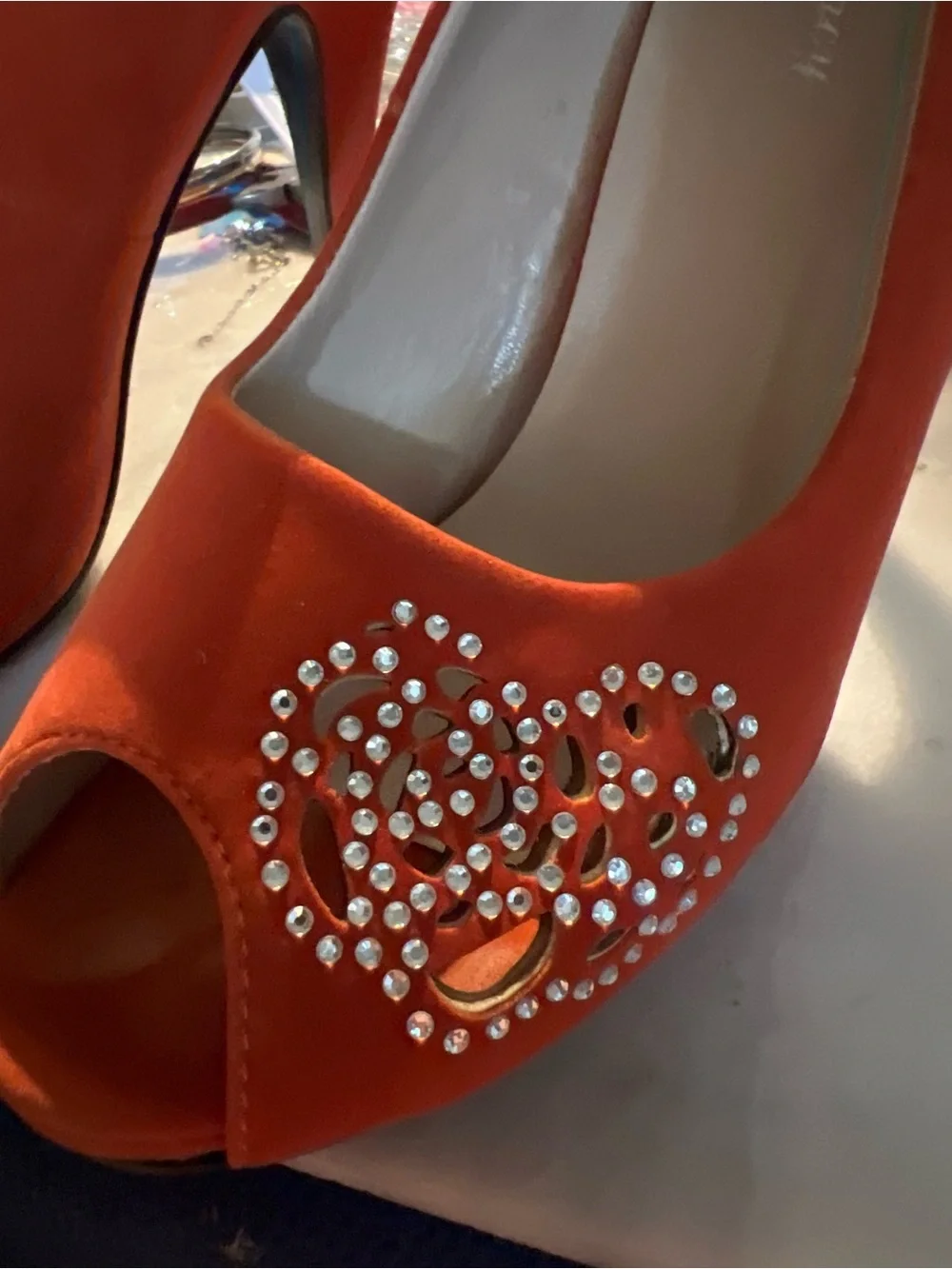 b. makowsky Orange Suede Peep-Toe Heels with Crystal Swirl